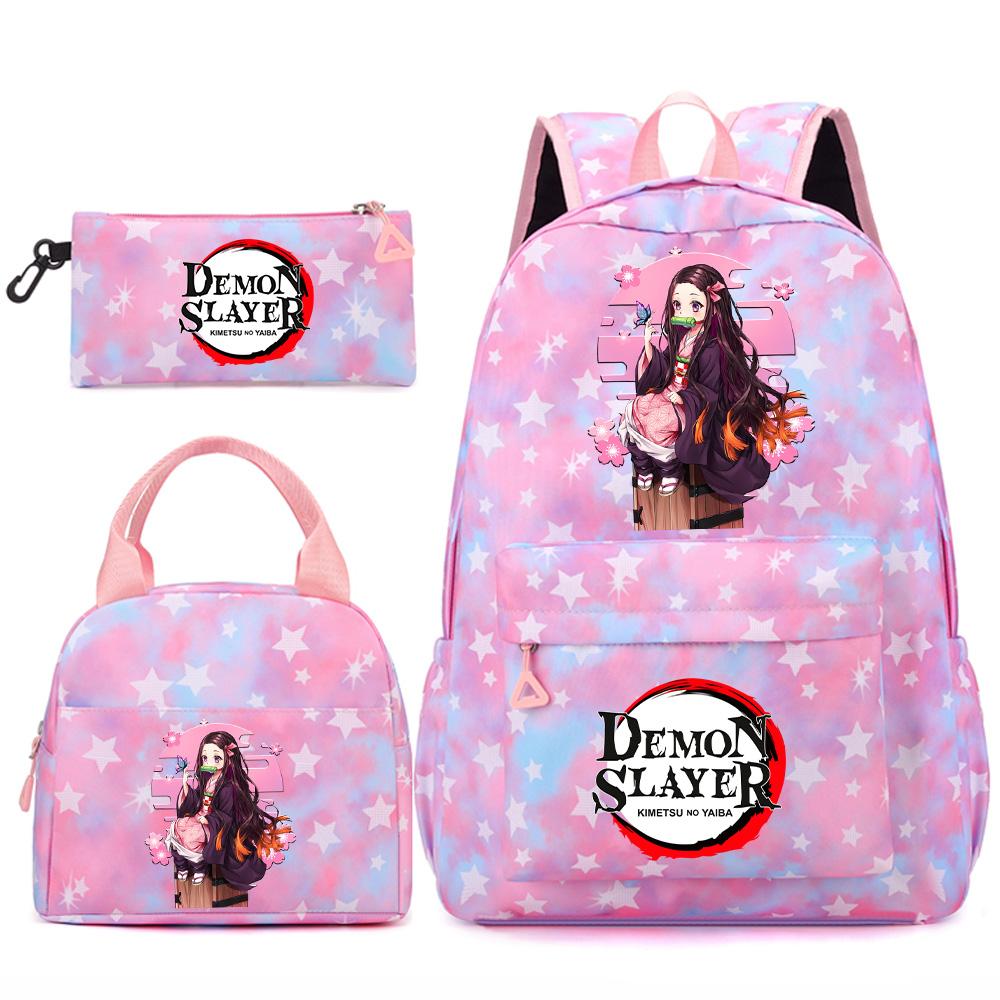 3 st/set Tecknad Demon Slayer Tryckt Ryggsäck Handväska Pennskrin för Tonåring Student Flicka Pojke Skolväska Stor Kapacitet Vattentät Resväska Gåva