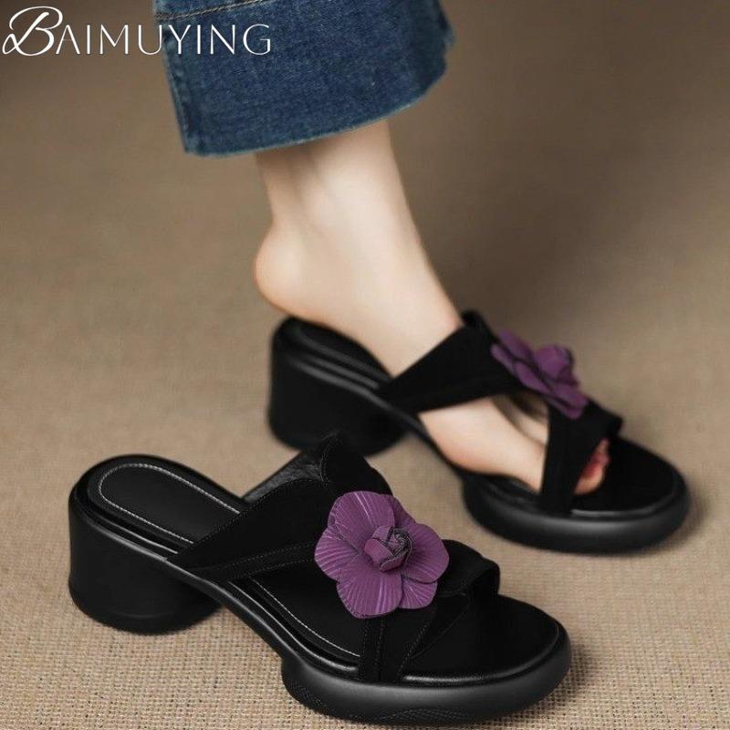 Fashion Women Slippers Flower Heeled Sandals New Summer Shoes Fashion 2025 Designer Chunky Dress Party Woman Pumps Slingabck Sandalias