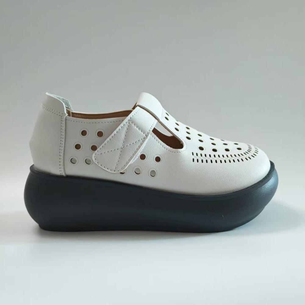 Sapatos Plataforma Mary Jane Femininos de Verão Vazados Respiráveis Recortados Casuais Aumentadores de Altura Sapatos Brancos 5cm Conforto Macio