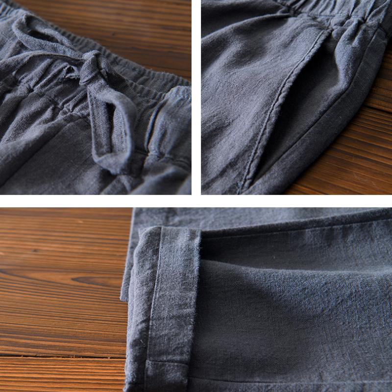 Summer Simple Style Men's Pants Beach Breathable Ramie Cotton Men Trousers Daily Casual Baggy Long Pants Solid Color Drawstring Elastic Waist
