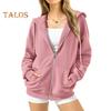 Fall Winter Women Zipper Coat Hooded Pure Color Zip-up Warm Long Sleeves Drawstring Pockets Stripe Elastic Cuff Hem Sport Jacket