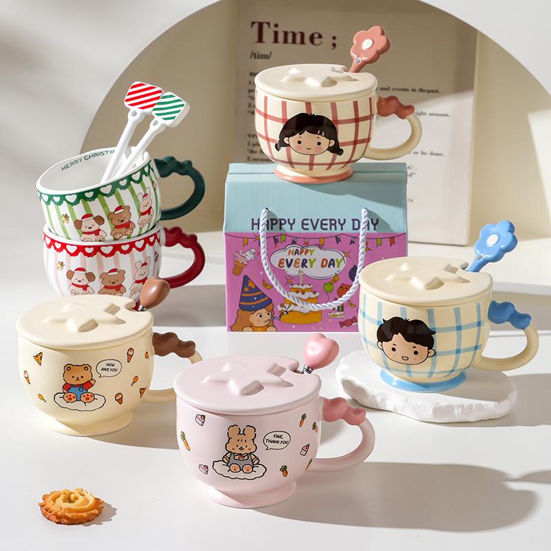 Cartoon Ceramic Cup With Cover, High-Value Household Couple Water Cup Gift Box, Small Gift Idea