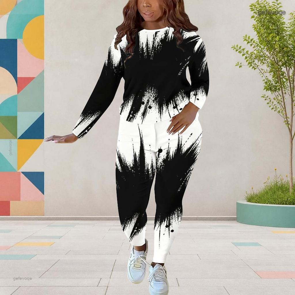 Women Plus Size Two Piece Pants Set Round Neck Long Sleeve Black White Geometric Printed Outfit