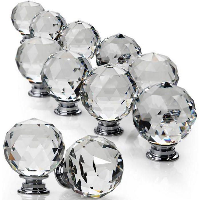 Lot de 8 boutons de tiroir sphériques en cristal 30 mm – transparents avec vis 25 mm