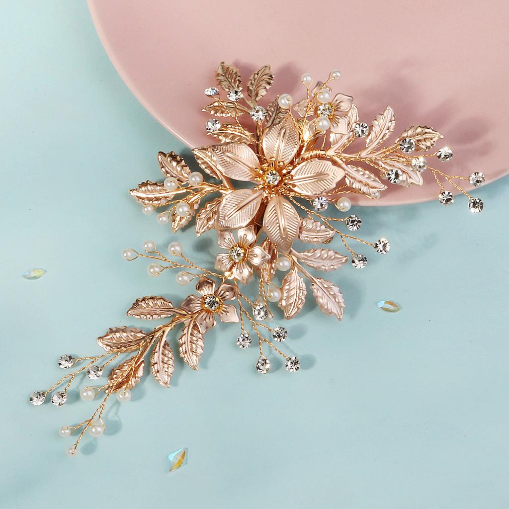 Bridal hairpin wedding banquet hair accessories handmade pearl edge clip women's luxury versatile metal floral leaf duckbill clip