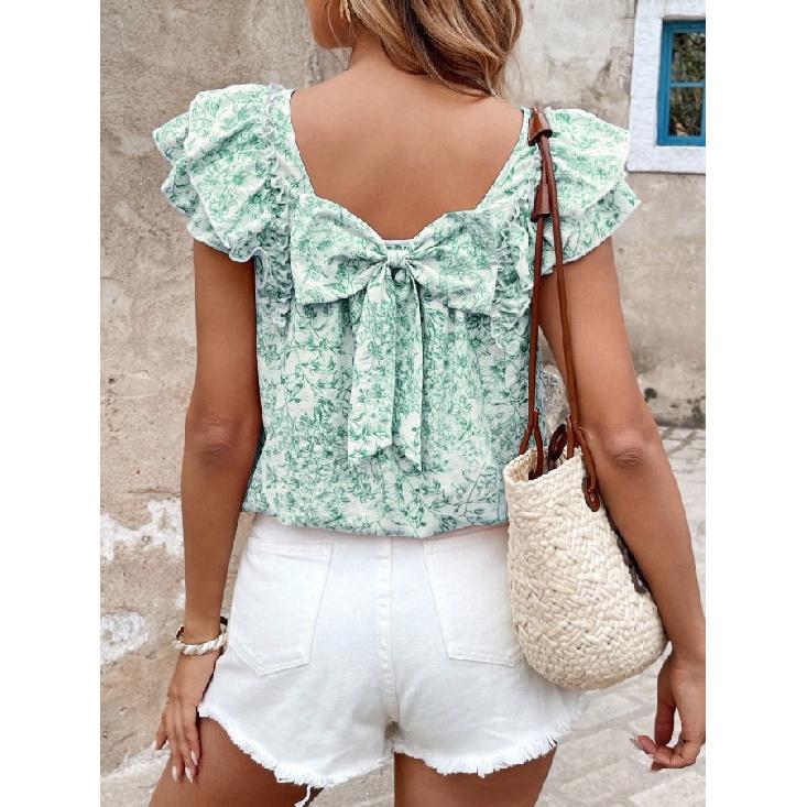 2026 Women s Printed Summer Fashion Casual Top with Back Bow and Double-Layer Pleats Short Sleeves S зелёный