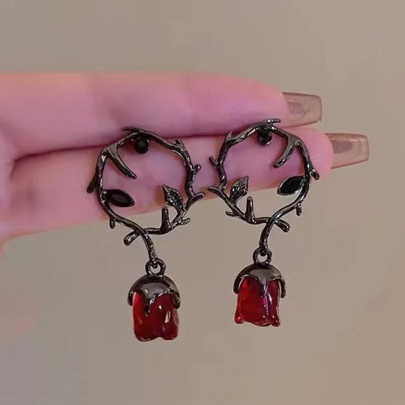 New Punk Gothic Dark Exquisite Thorn Vine Red Rose Blossom Earrings For Women Fashion Jewelry Holiday Party Accessories Gifts