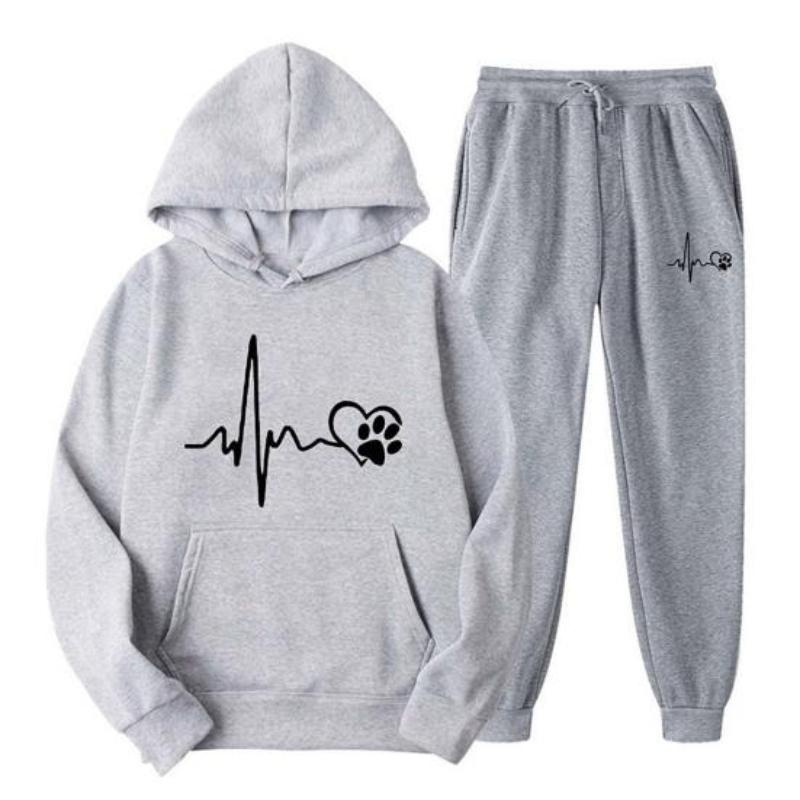 2 Pcs/Set Unisex Hoodie Pants Set Long Sleeve Printed Loose Drawstring Elastic Waist Ankle-banded Patch Pocket Pullover Sportswear Women Men
