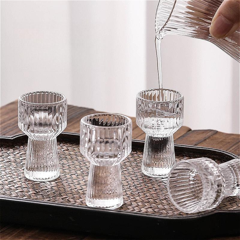6pcs Sets Spirits Cup Transparent Small Wine Glass Exquisite Striped Wine Glass Baijiu Cup Household Drinking Cup Bar Drinkware
