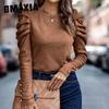 Dámský podzimní zimní vysoce elastický kašmírový top s kulatým výstřihem, slim, s dlouhým rukávem a nabíranými rukávy