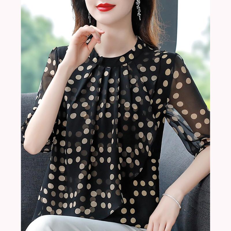 Summer Elegant and Minimalist Commuting Fashion Round Neck Polka Dot Loose Oversize Versatile Mid Sleeved Shirt for Women