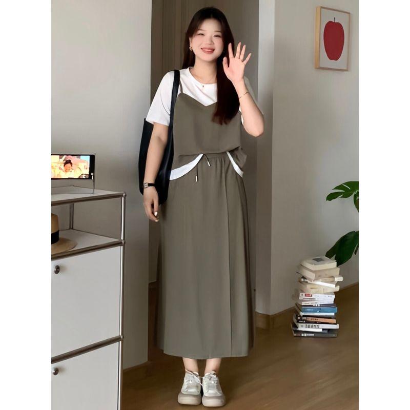 Plus-Size Women's Clothing for Fat Girls, Korean Style Fake Two-Piece Contrasting Color Short-Sleeved Top + Skirt 2026 Summer Slimming Two-Piece Set
