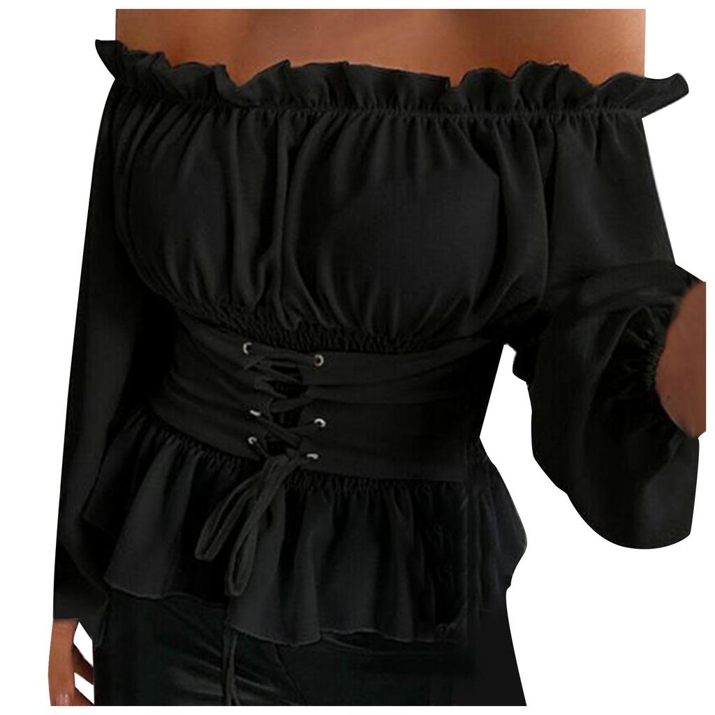Fashion Women's Solid Color Long-sleeved Strapless Ruffle Trim Drawstring Shirt