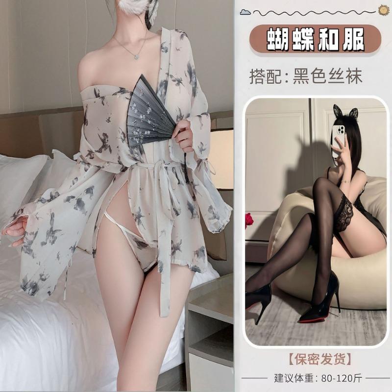 Sexy Lingerie Pure Desire Butterfly Print Kimono Perspective Bathrobe Uniform Set Free Pajamas Temptation Qqny