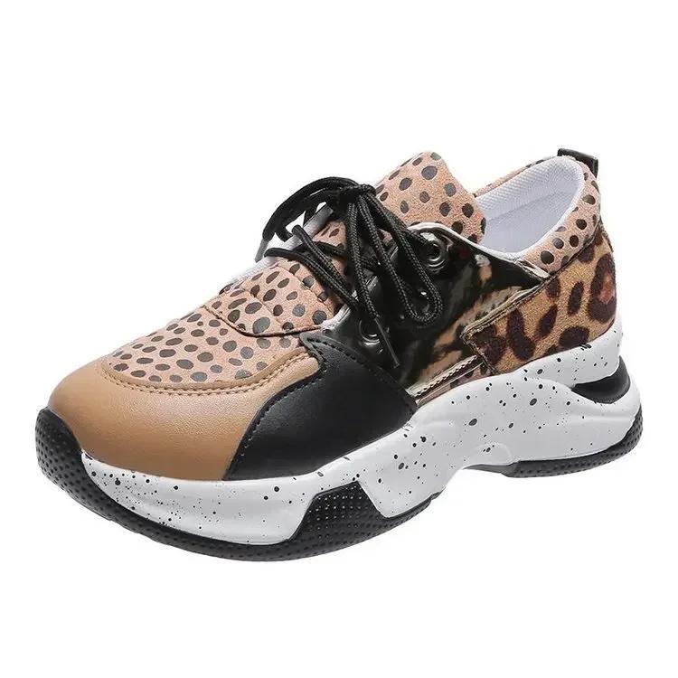 Plateau-Sneakers Damen Herbst Winter Runde Zehenpartie Low-Top Leoparden-Keilschuhe Damen Größe 43 Schnürschuhe Weiche Freizeitsportschuhe