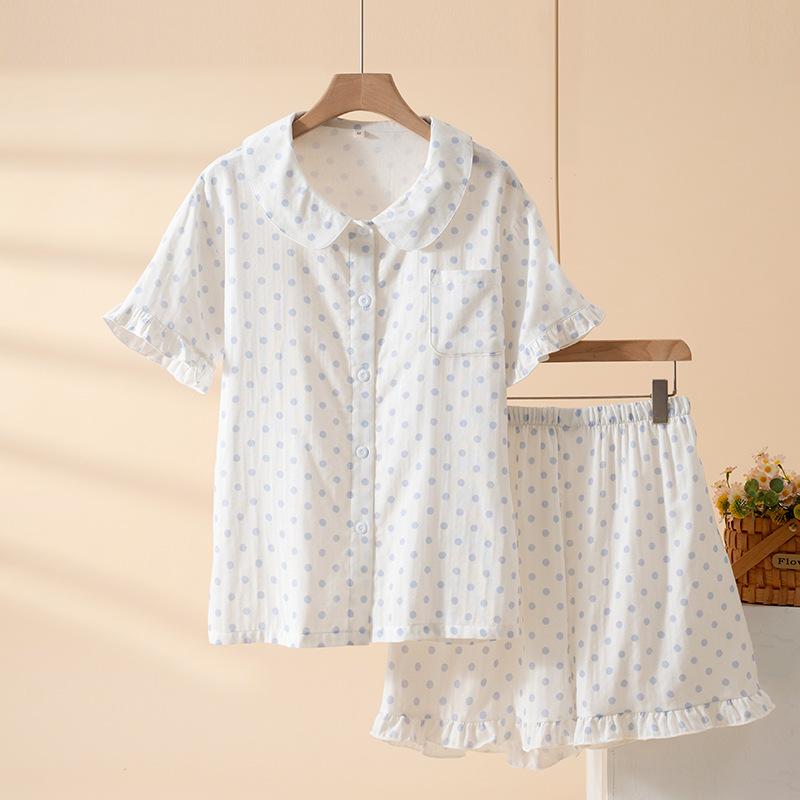 Polka dot pajamas women's summer pure cotton two-piece set doll collar short-sleeved shorts sweet student loungewear can be worn outside