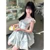 Spot Sakura Weaving Flower Plume Sweet Cool Xiaofei Sleeve Floral Dress Women's Design Sense Niche Waist Princess Fluffy Short Skirt