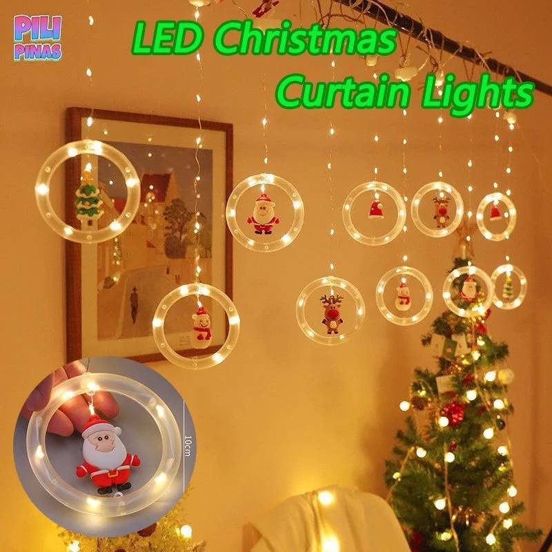 Christmas Led Curtain Lights With Snowman And Santa Shapes For Holiday Party And Indoor Use