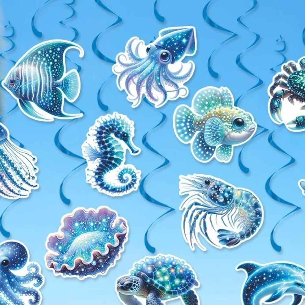 12pcs Paper Hawaiian Spiral Hanging Tag Waterproof Ocean Theme Pendant  Party Favors