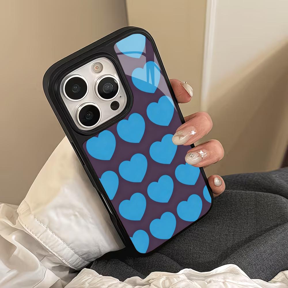 Blue heart-shaped design glass phone case suitable for iPhone17 16 15 14 13 12 11Pro/Max/Plus shockproof and anti drop backcover