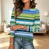 Blusa informal de manga larga con botones y estampado de rayas para mujer, cuello redondo