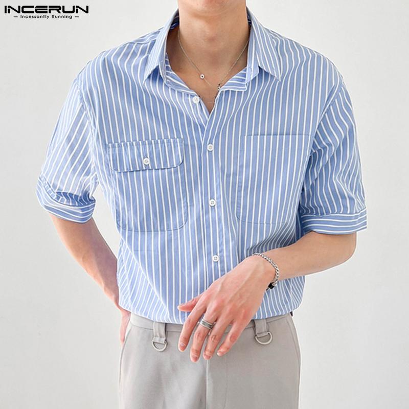 

INCERUN Лето Удобные мужчины Полосатые рубашки с коротким рукавом Мягкие пуговицы Вверх Воротник Повседневная свободная блузка Топы Плюс Размер