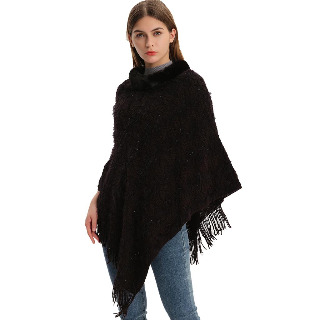 Sparkling Solid Color Pullover with Fur Collar Shawl
