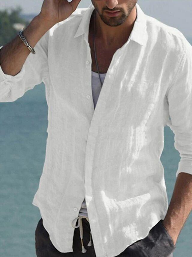 Men's Cross-Border Linen Spring and Summer Beach Long Sleeve Solid Color Casual Shirt Daily Shirt