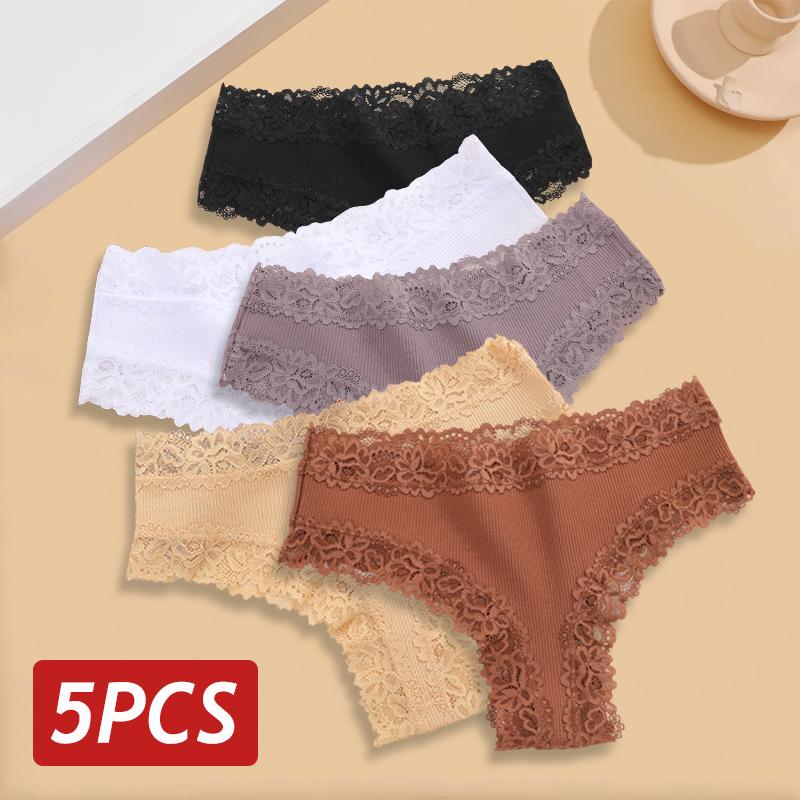 5 STÜCKE/Set Damen Spitze Nahtlose Baumwollslips Sexy Brazilian Hosen Gerippt Atmungsaktiv Mädchen Unterwäsche Weich Übergröße Dessous S-XL