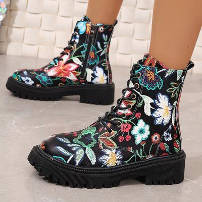 Botas de tamanho grande, outono, estampa europeia e americana, casual, cabeça redonda, cadarço, salto baixo, cano alto