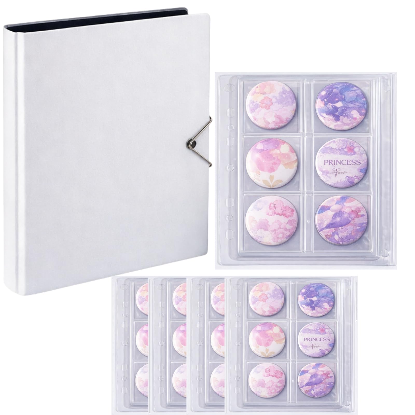 

Milibess Pin Badge Storage File, 6 Pockets, Set of 4 | Fits 58mm badges, 65mm extra space | Holds up to 24 badges | With lid | Perfect for fan activit