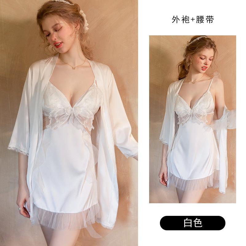 Women's Satin Deep V Push Up Padded Flutter Sleeve Cami Robe Lounge Set