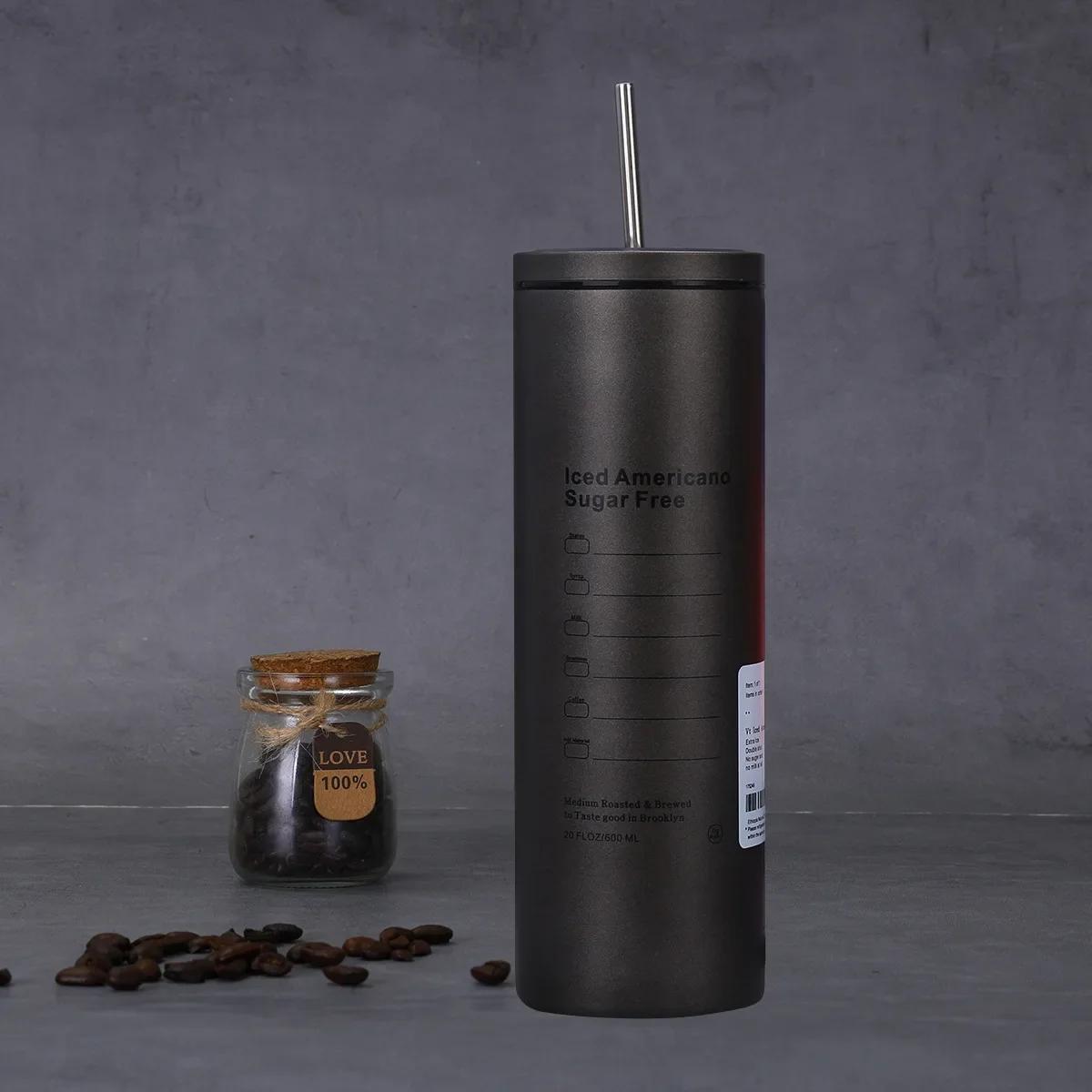 

Чашка для кофе из нержавеющей стали 304, двухслойная вакуумная изоляция, с трубочкой, портативная автомобильная чашка с трубочкой, многоразовая американская кофейная чашка 600ml серый