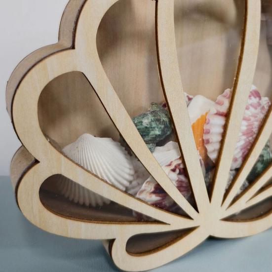 Wooden Shell Display Case Handcrafted Rustic Sea Shell Shadow Box Seashell Shaped Storage Display Box Home Office Desktop Decoration