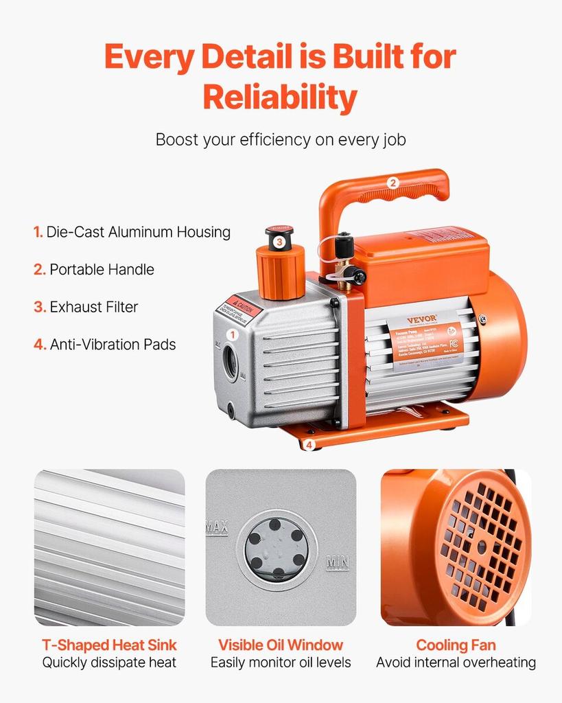 Vacuum Pump 3.5 CFM HVAC Single Stage Rotary Vane Vacuum Pump Oil Included