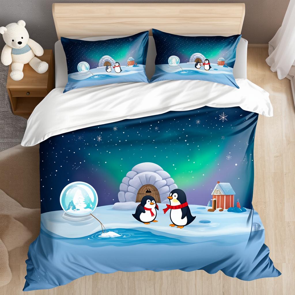 3Pcs North Pole Arctic Bear Penguin Bedding Set Polyester Soft Queen Size Kids Room Christmas Gift