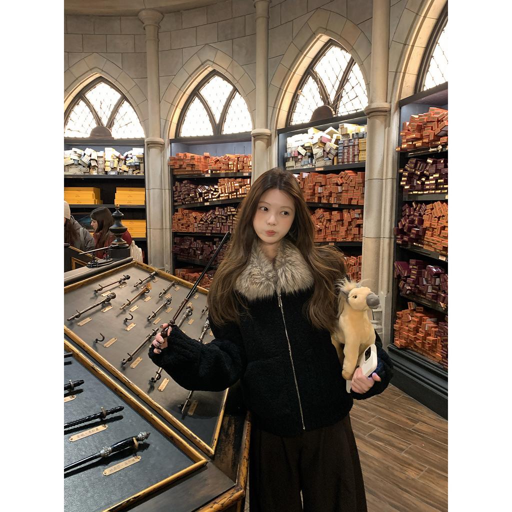 CookiedHO London Winter Night Highlights Big Fur Collar Soft Ring Lamb Fur Clipped Fluff Jacket