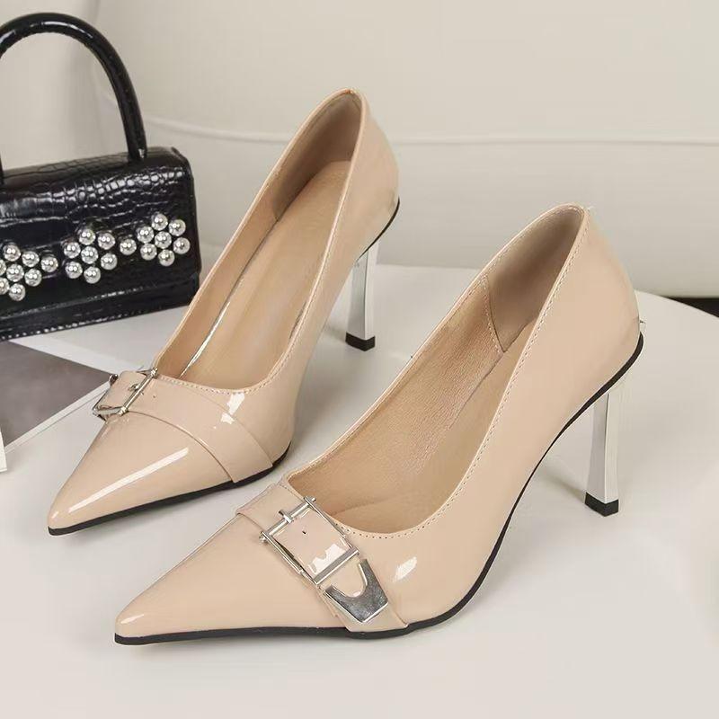 Fashion 2025 New Sexy Belt Buckle Shallow Pumps Metal Strange High Heel Pointed Toe Patent Leather Slip On Black Solid Women's Shoes New