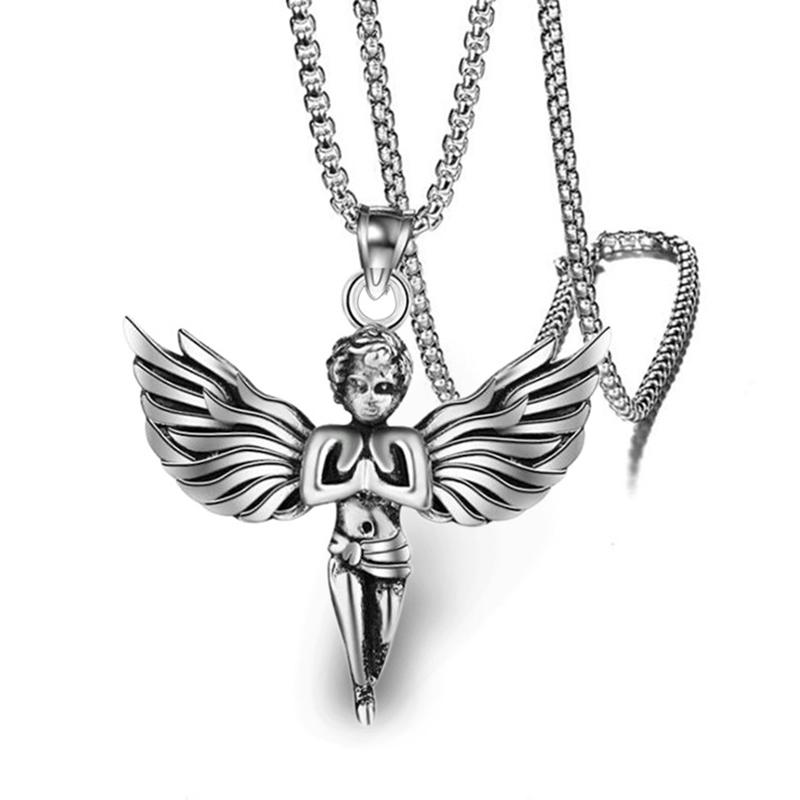 Angel With Feather Wing Pendant Necklace Stainless Steel Retro Punk Fashion Silver Hip Hop Rock Neck Jewelry Party Gifts