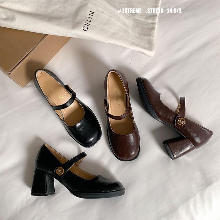 Washed cowhide~ Camellia leather thick heel high heels women's retro platform small leather shoes Mary Jane single shoes ladyshoes