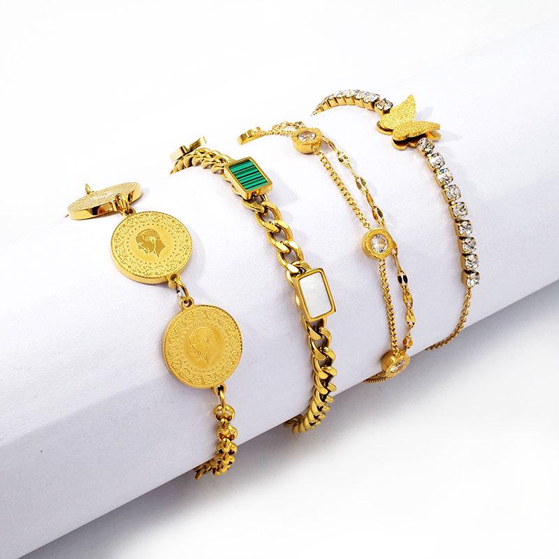 Elegant Gold-Plated Double-Layer Butterfly Bracelet with Diamonds, Fashionable Titanium Steel Jewelry for Women