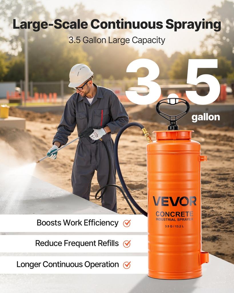 Industrieller Betonsprühgerät, 14L Edelstahl-Sprühgerät, Heavy Duty Tri-Poxy Pumpensprühgeräte, 52cm Lanze mit ergonomischem Pistolen Griff, 1,2m & 3m Schläuche, 2