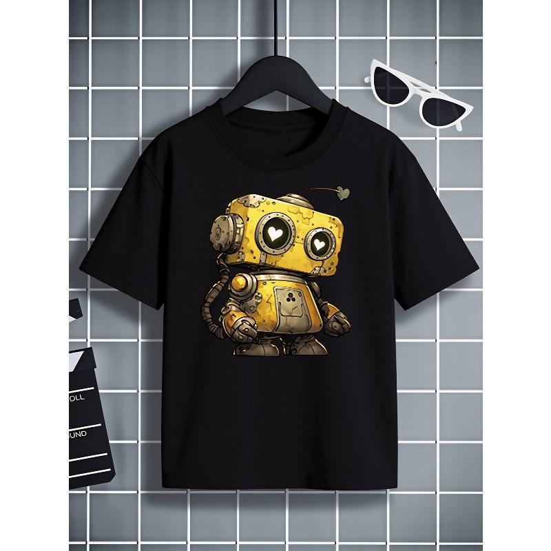 European Sizes Boys' T-shirt Cute Robot with Heart Eyes And Antenna, Ideal for Outdoor Activities, Soft Knitted Top, Comfortable And Breathable