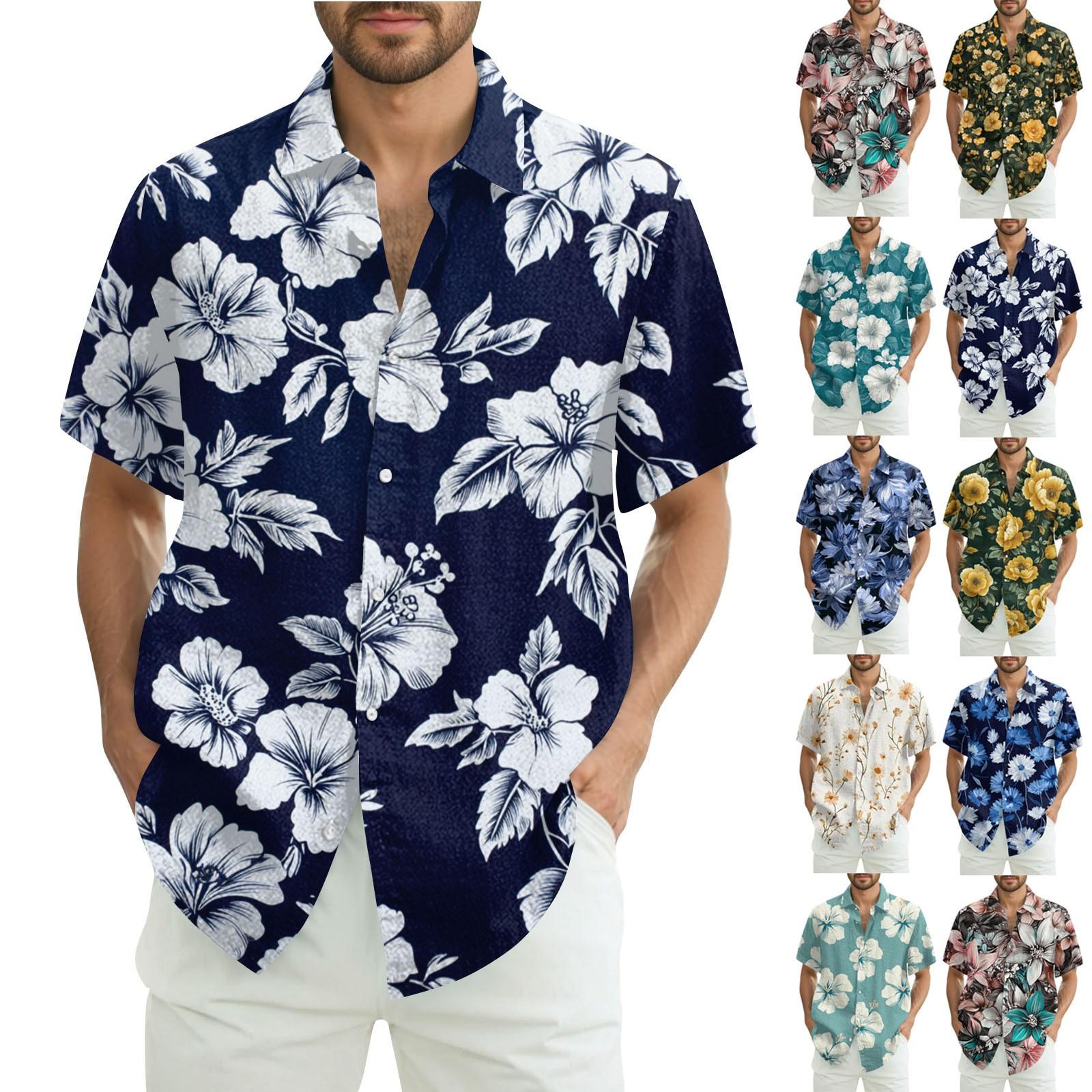 

Men s Fashion Casual Loose Hawaiian Print Short-sleeved Shirt M
