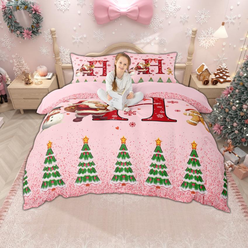 Homewish Xmas Monogrammed Duvet Cover Set For Boys Girls Christmas Santa Claus Bedding Set Girls Pink Snowflakes Quilt Cover