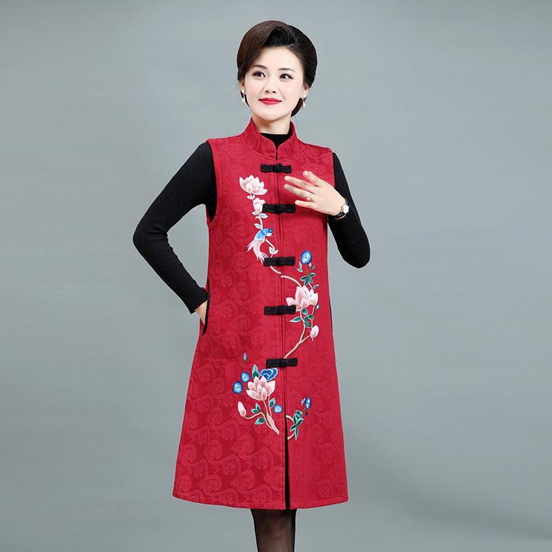 Women's Ethnic Embroidered Fleece Vest - Mid-length, Sleeveless Tang Suit for Spring & Autumn