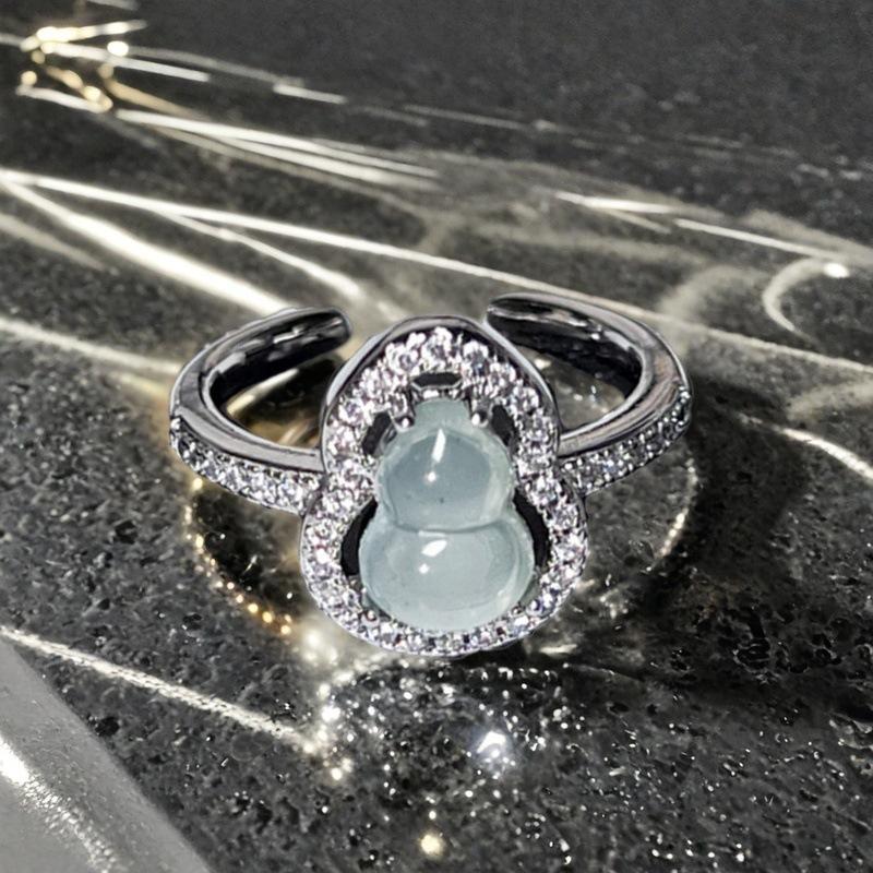 Gourd Imitation Jadeite Open Ring Women'S Niche Design High-End Light Luxury Full Diamond Zircon Ring