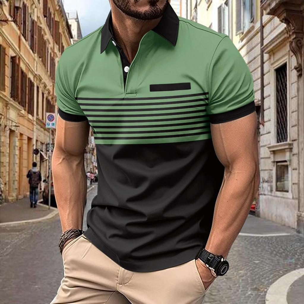 Men's Casual Striped Color Block Polo Shirt with Chest Pocket and Turn-Down Collar