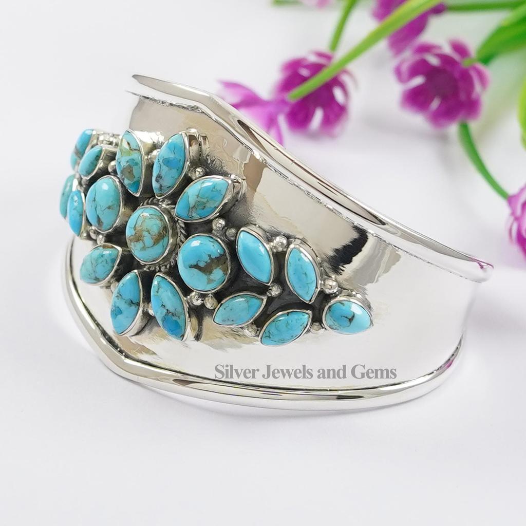 Natural Turquoise Cuff Bracelet, Statement Cuff Bangle, 925 Sterling Silver Handmade Cuff, Boho Statement Bracelet, Wedding Bracelet