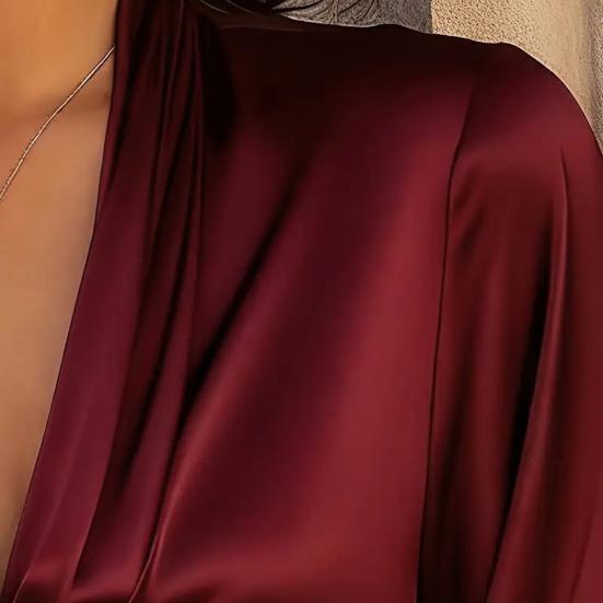 Women Shirt V-Neck Long Sleeve Pleated Smooth Satin Shirt Tops Pure Color Spring
